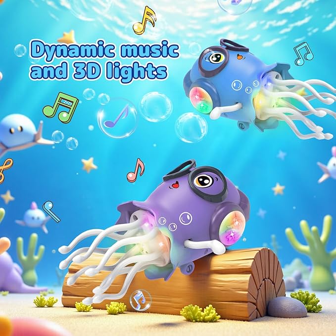 Kids Toy Dancing Jellyfish, Interactive Crawling Jellyfish Bump and Go Toy with Music & Lights, Sensory Tummy Time Toys for Toddlers 3-12 Years, Kids Birthday Easter Gifts for Boys Grils
