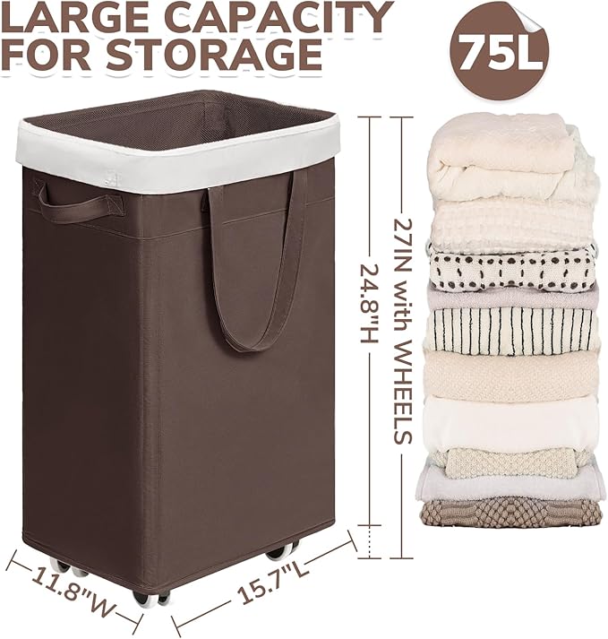 CHICVITA Rolling Laundry Hamper with Wheels, 75L Clothes Hampers for Laundry and Removable Wash Bag, Large Laundry Basket for Living Room, Coffee
