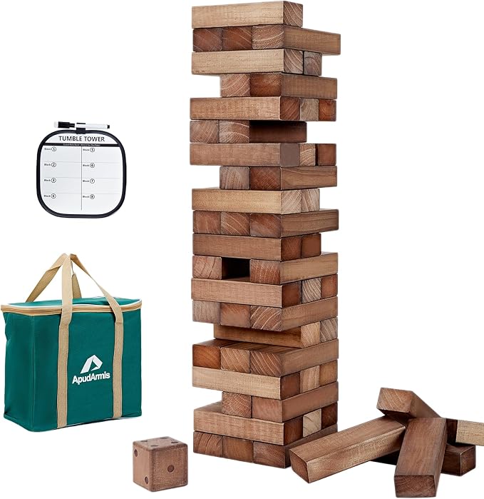 ApudArmis 54 PCS Tumble Timber Set Up to 3.2FT, Pine Wooden Tumble Tower Game with Dice and Scoreboard Set - Classic Block Stacking Board Game for Adults Teenagers (Brown)