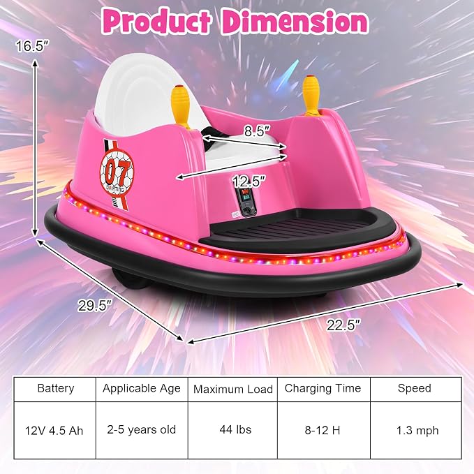 Costzon Bumper Car for Kids, 12V Electric Toddler Bumping Car with Remote Control, Dual Joysticks, 360 Spin, Music, Flashing Lights, Slow Star, Kids Bumper Car Ride on Toy for Boys Girls Gift (Pink)