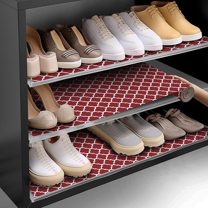 Shelf and Drawer Liner for Kitchen Cabinets Non-Adhesive, Strong Grip Non-Slip Thickened Cabinet Liners for Shelves, Waterproof Mats for Dresser Cupboard, Red/White, 17 in x 20 Feet