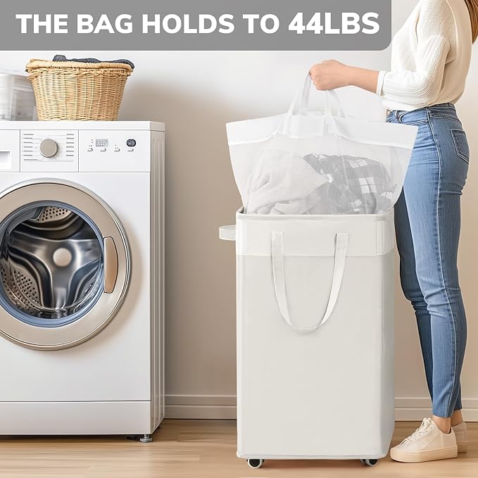Goodpick Laundry Hamper with Wheels, 75L College Dorm Room Essentials, Clothes Hamper with Removable Wash Bag for Bedroom, Large Laundry Basket with Handle, White