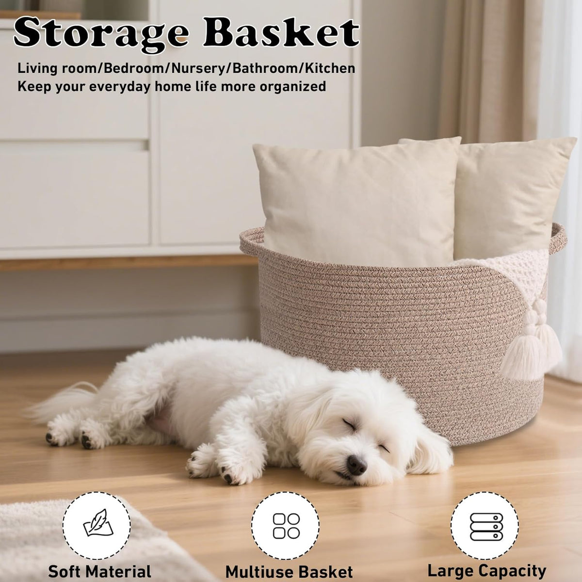 Large Blanket Basket for Organizing,115L Closet Organizers and Storage Bins Box for Shelves Woven Rope Storage Baskets,Living Room,Bedroom,Dorm,Laundry room (Brown)
