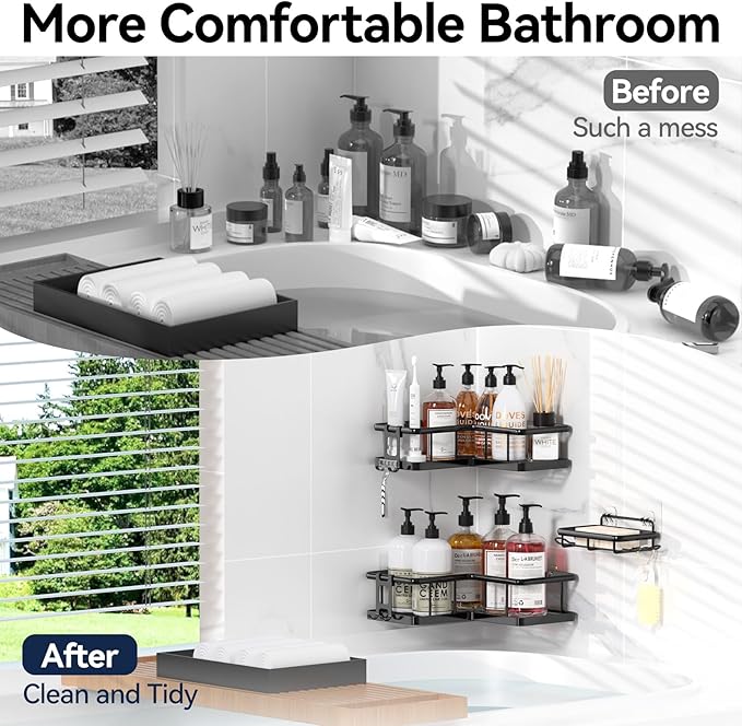 YASONIC Shower Caddy Corner, 3-Pack Adhesive Rustproof Stainless Steel Shower Shelves with Soap Holder, No Drilling Shower Organizer Corner for Dorm, Renters Bathroom, Black