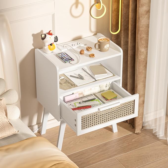 Lerliuo Rattan Nightstands Set of 2 with Charging Station, White Bedside Table with Drawer Open Shelf, Cane Accent Side End Table with Solid Wood Legs, Night Stand for Bedroom, Dorm and Small Spaces