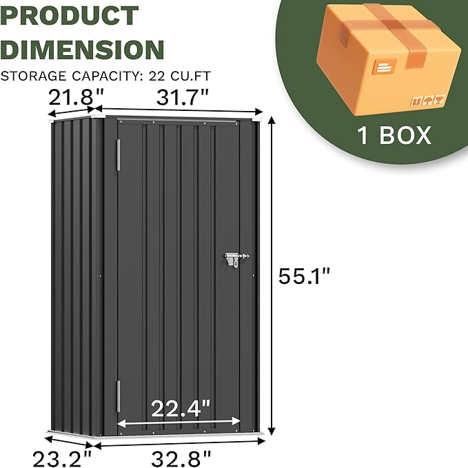Patiowell 22 Cuft Outdoor Storage Cabinet, Metal Storage Shed with Lockable Door, Indoor Outdoor Vertical Waterproof Tool Shed Without Adjustable Shelves for Patio Garden Backyard, Black