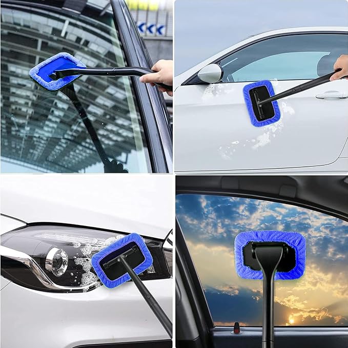 desin Car Windshield Cleaning Tool, Windshield Cleaner with 5 Washable and Reusable Microfiber Pads and Extendable Handle, for Auto Glass Wiper (Blue)