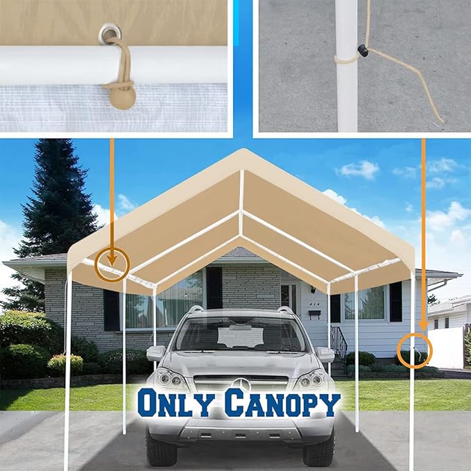 Rutile 10'x20' Carport Canopy ONLY Tent Garage Replacement Top Tarp Car Shelter Cover w/Ball Bungees Beige (Only Top Cover, Frame is not Included)