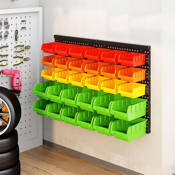 Wall Mounted Storage Bins Parts Rack 4 Colors Bin Organizer Garage Plastic Shop Tool, Garage Organizers and Storage (Style-Vivid) 25.2"*16.2"