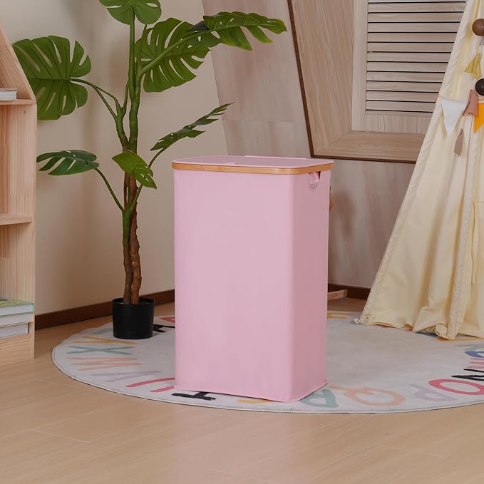 Laundry Hamper with Lid, 110L Large Laundry Basket with Handle and Lid, Collapsible Clothes Basket Organizer with Removable Inner Bag for Clothes Toys Towels,Pink