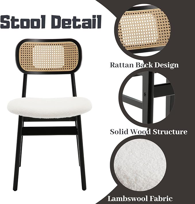 Black Rattan Dining Chairs Set of 4 Lambswool Dining Room Chairs Natural Wooden Kitchen Chairs Farmhouse Boho