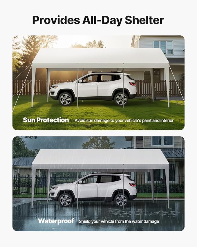 VEVOR Carport, 10 x 20 FT Outdoor Car Canopy, Potable Carport, Heavy Duty Galvanized Cars Shelter, UV-Resistant & Water-Resistant, All-Season Protection, Storage Shed for Car Boat Motorcycle White
