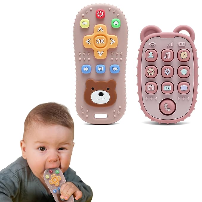 HippoBaby 2-Pack Silicone Teethers – Remote Control & Phone Teething Toys with Popper Buttons, BPA-Free, CPC Certified Baby Essentials for Infants & Toddlers (Remote/Phone - Light Pink/Deep Pink)