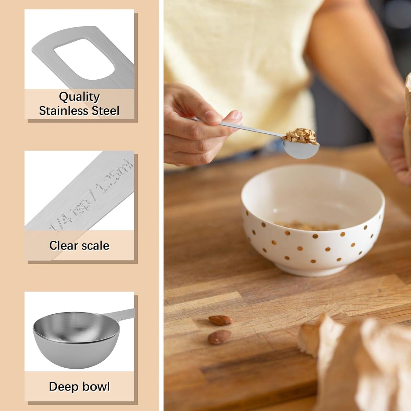 5PCS 1/4tsp (1.25ml) Single Measuring Spoon, Stainless Steel Individual Teaspoons Only