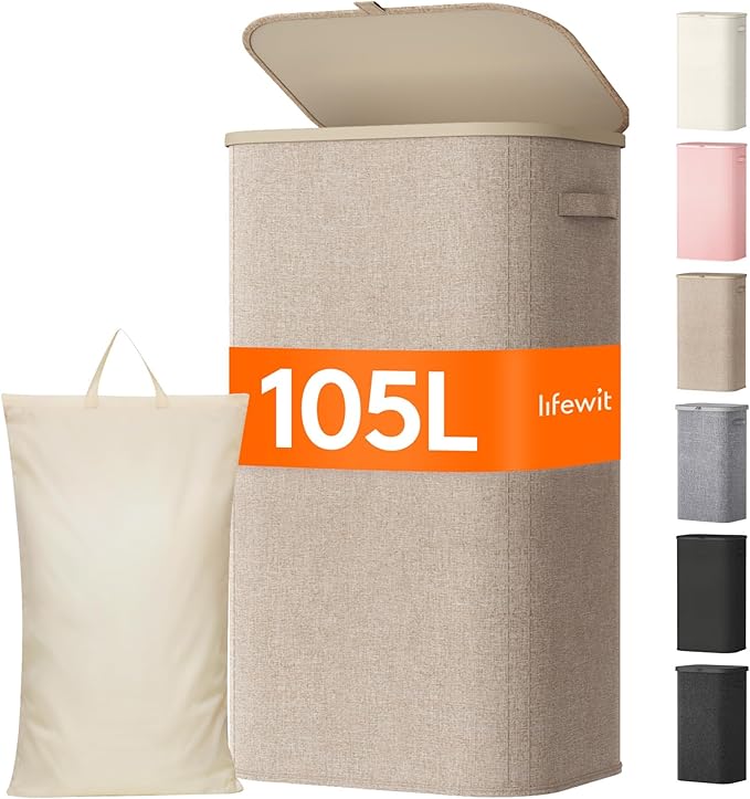 Lifewit 105L Large Laundry Basket with Lid, Laundry Hamper with Plastic Handles and Removable Bag, Foldable Tall Dirty Clothes Hampers for Laundry for Laundry Room, Bedroom, Bathroom, Dorm, Beige