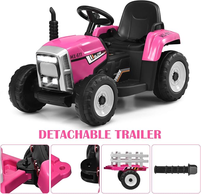 HONEY JOY Ride On Tractor with Trailer, Toddler 3-Gear-Shift Ground Loader, LED Lights, Horn, Music, 12V Battery Powered Electric Toy Tractor with Remote Control (Pink)