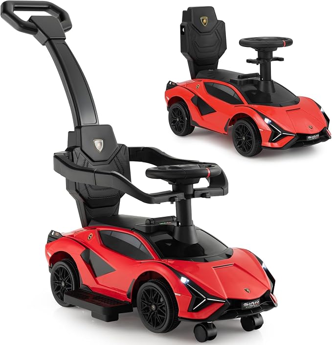 INFANS 3 in 1 Ride on Push Car, Licensed Lamborghini Baby Stroller Sliding Walking Car with Parent Control Handle, Music, USB, Headlight, Under Seat Storage, Foot-to-Floor Toy for 18-60 Months (Red)