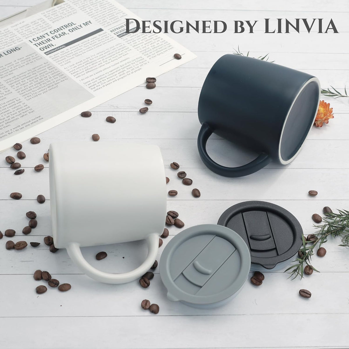 Classic Mug, 14 oz Large Coffee Mug with Handle, Ceramic Porcelain Tea Cup, Smooth Matte (Sliding Lid, Set of 2, White and Navy Blue)