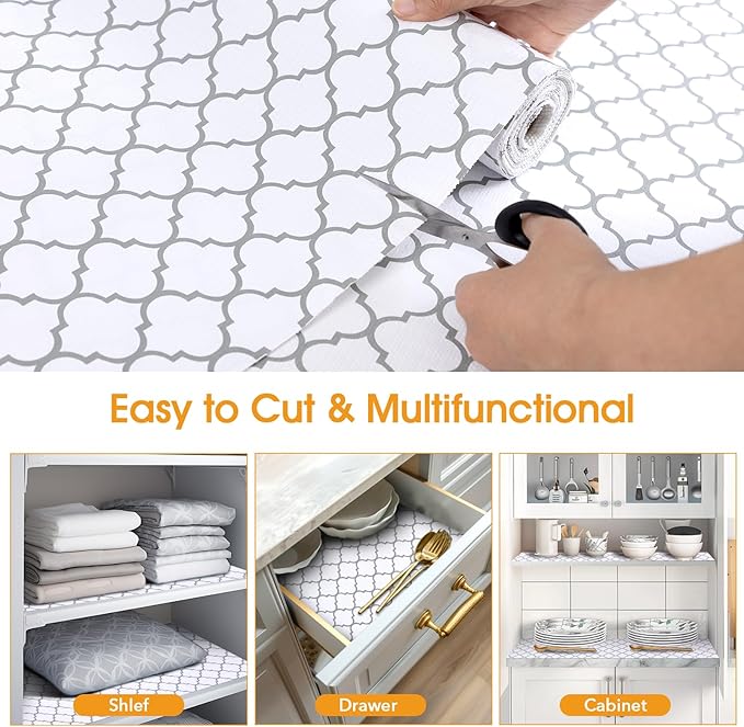 Shelf and Drawer Liner for Kitchen Cabinets Non-Adhesive, Strong Grip Non-Slip Thickened Cabinet Liners for Shelves, Waterproof Mats for Dresser Cupboard, White/Gray, 23 in x 10 Feet