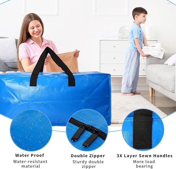 6 Pack Heavy Duty Extra Large Moving Bags Storage Tote - Strong Handles& Backpack Straps - Space Saving Storage Bags Alternative to Moving Boxes and Bins,Compatible with Ikea Frakta Cart, Blue