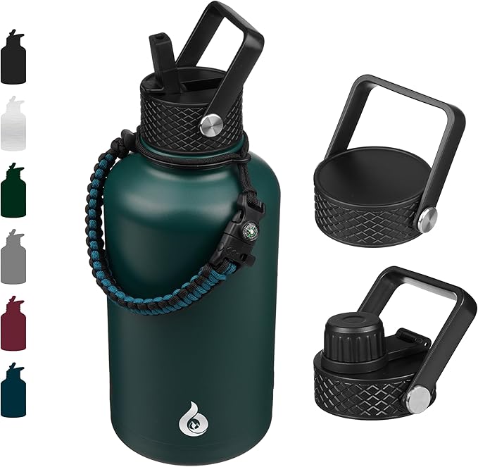BJPKPK Half Gallon Insulated Water Bottles with Straw Lid, 64oz Large Water Jug, Stainless Steel Bottles with 3 Lids and Paracord Handle, Thermo for Hot & Cold Liquid, Army Green