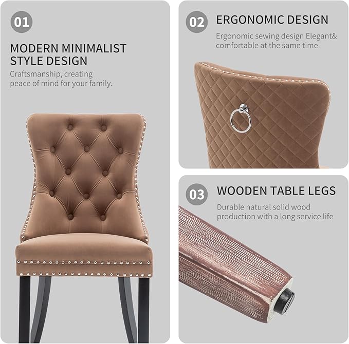 Velvet Dining Chairs Set of 2, Upholstered Dining Room Chairs with Nailhead Trim, Sillas de Comedor Modernas 2, Wooden Kitchen Chairs for Dining Room, Living Room, Kitchen, Bedroom, Brown