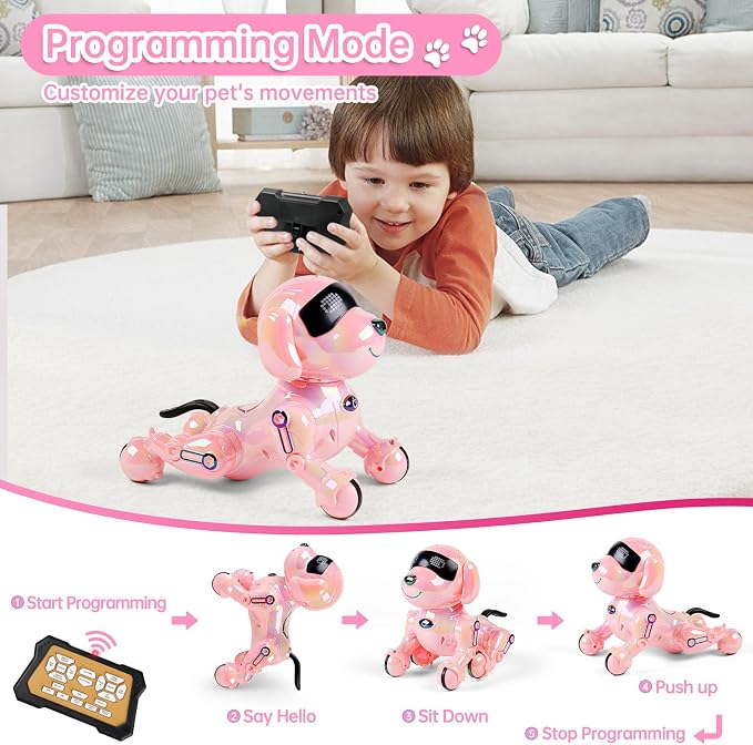 Dwi Dowellin Robot Dog for Kids 8-12,Remote Control Smart Robotic Dogs Pet Puppy Robotic Toy,Interactive Touch Walking Talking Toys for Boys Girls Christmas Birthday Gifts(Pink)