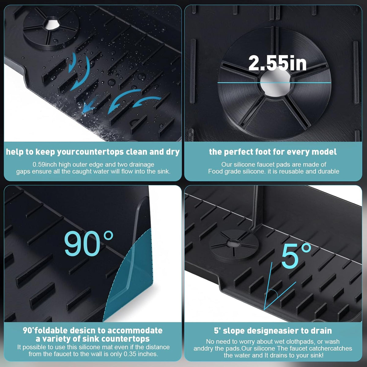 Silicone Kitchen Sink auto Drain Organizer, Kitchen countertop and Sink Splash Guard.Kitchen Sponge Rack and organizing Shelf，Suitable for Cleaning Tools, dispensers, Bottles, Cups (Black)