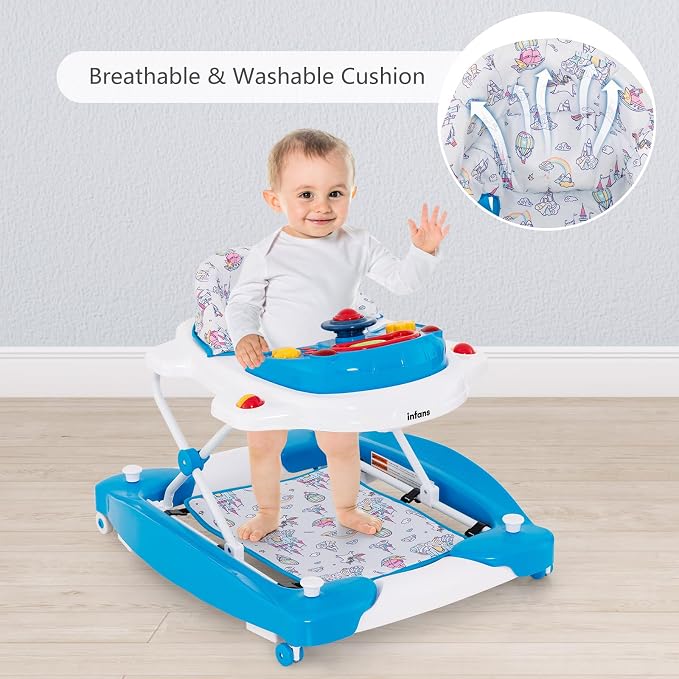 INFANS Baby Walker, 5 in 1 Behind Walker Learning Seated Rocker Bouncer with Removable Music Tray, Adjustable Height, Washable Seat Cushion, Foldable Activity Center for Toddlers (Unicorn)