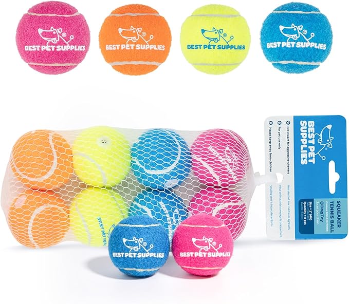 Best Pet Supplies Interactive Squeaky Dog Chew Toy, Ideal Dog Toys for Chewers, Small, Medium & Large Dogs, and Fetch Lovers - Tennis (Assorted Color), Small (Pack of 8)