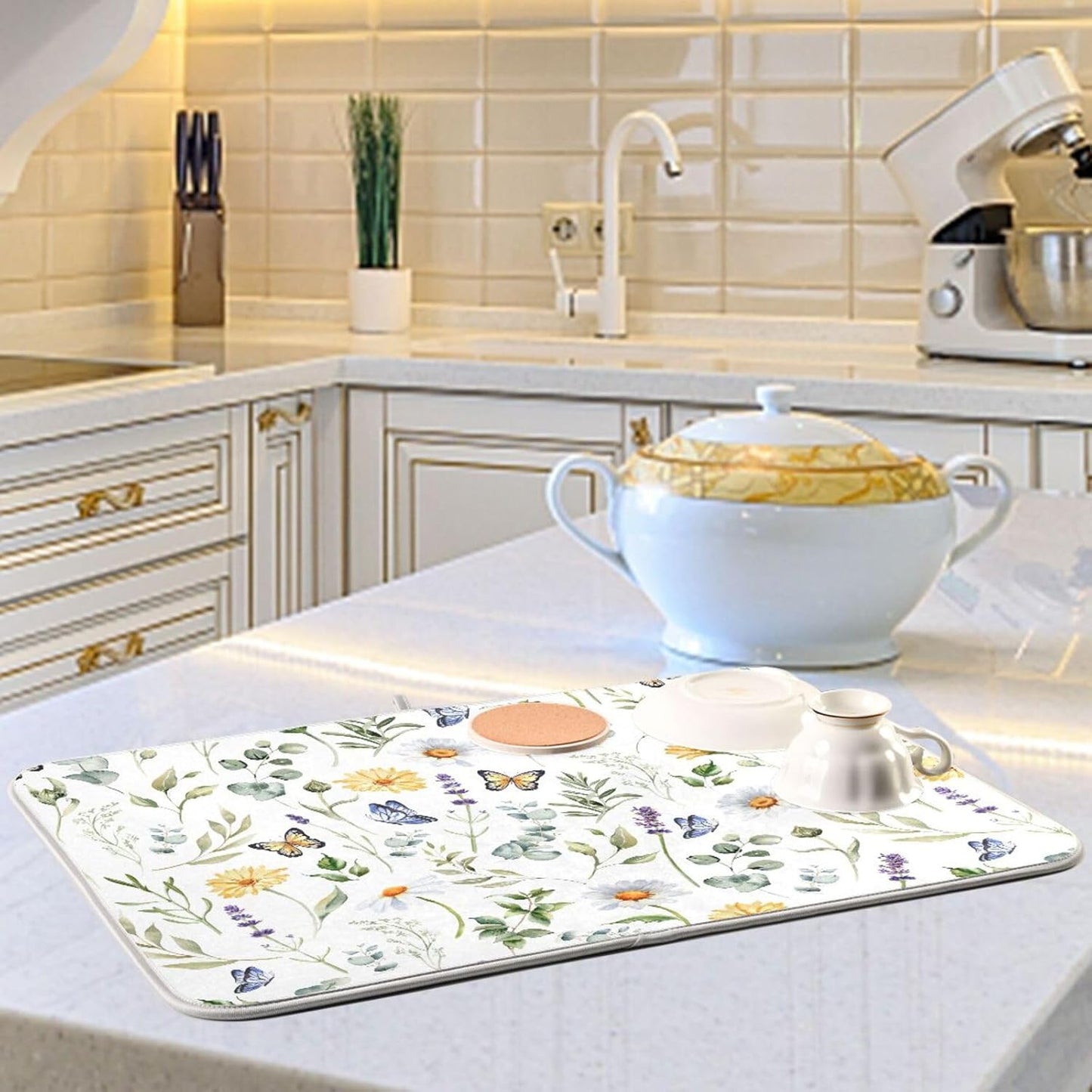 Wildflowers Butterflies Botanical Leaves Dish Drying Mat for Kitchen Counter Absorbent Microfiber Drying Pad, Medium 16x18 in, Reversible Drainer Mats