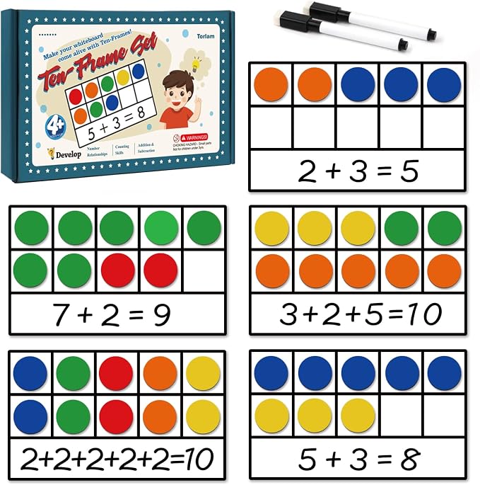 Torlam Magnetic Ten-Frame Set - Math Manipulative for Elementary - 5 Ten Frames & 55 Magnetic Counters for Kids, Kindergarten Math Games (Upgraded Version for Hand-held & 2 Black Pens)