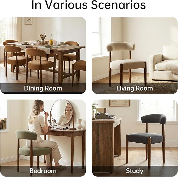 VKNOW Wooden Dining Chairs Set of 2, Modern Upholstered Dining Room Chairs with Walnut Wood Legs and Curved Backrest, Fabric Kitchen Chairs for Farmhouse/Living Room/Dining Room, Orange
