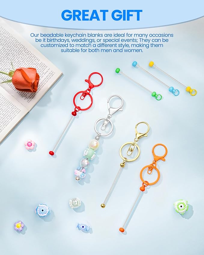RQAYE 30pcs Beadable Keychains Keychain Bulk kit Cute Blank Bead Keychain Strip DIY Men's and Women's Making Supplies Crafts, Jewelry, Bag Accessories, Customized Project Gifts (Multicolor)