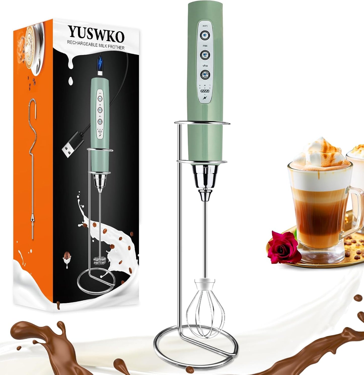 YUSWKO Granite Rechargeable Milk Frother for Coffee with Stand, Handheld Drink Mixer with 3 Heads 3 Speeds Electric Stirrers for Latte, Cappuccino, Hot Chocolate, Egg