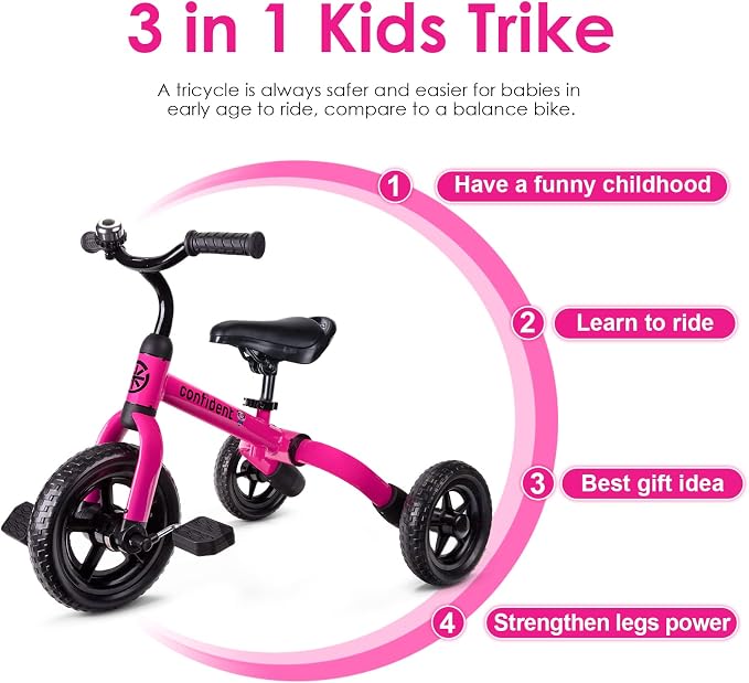 YGJT 3 in 1 Tricycle for Toddlers Age 2-5 Years Old, Folding Kids Balance Bike with Adjustable Seat and Removable Pedal, Toddler Bike Ride-on Toys for Infant, Gifts for Baby Boys Girls Birthday(Pink)