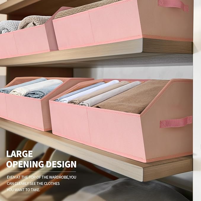 Closet Baskets for Shelves Trapezoid - Decorative Storage Baskets with Handle, Closet Bins for Organization, Shelf Storage Bins for Clothes, Books, Home, Office, 6 Pack, Pink