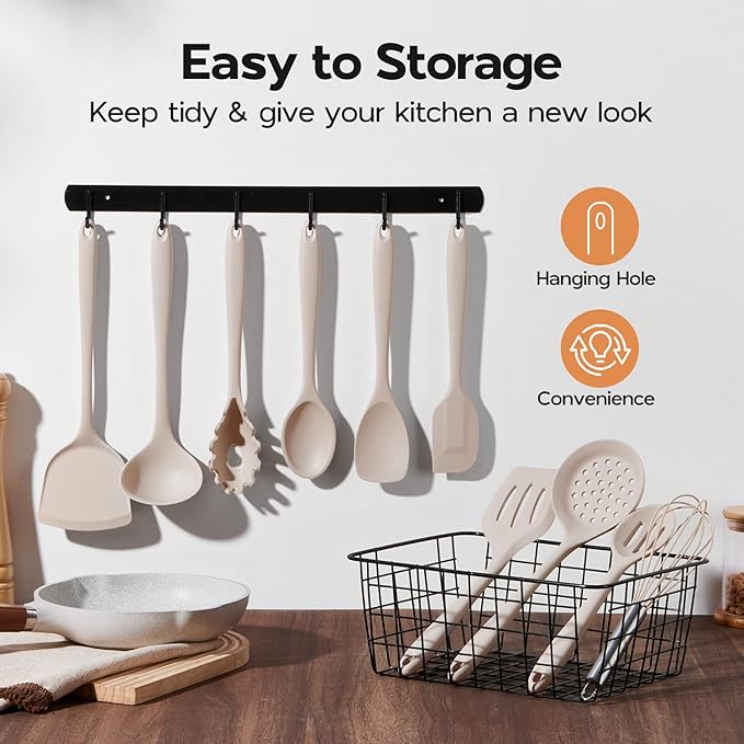 Onader Silicone Cooking Utensils Set of 10, Kitchen Utensils for Nonstick Cookware, Heat Resistant & Nontoxic Spatula Set- Khaki
