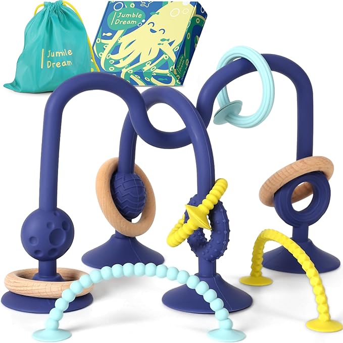 Jumble Jangle Baby Teething Toys – BPA-Free, Multi Purpose High Chair Toys & Sensory Toys for Kids with Autism: Suction Teething Relief with Sensory Toy Textures for Infants & Toddlers (Dark)