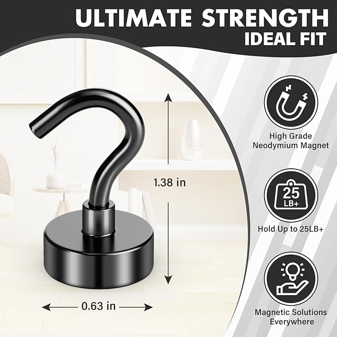 Magnetic Hooks, 100Pack Neodymium Magnet Hook for Hanging Mugs, 25LBS Strong Metal Magnet with Hooks Heavy Duty for Classrooms, Cruise, Fridge, Office, Home and Kitchen