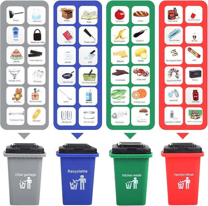 Garbage Truck Toy, 3 Pack Friction Powered Waste Management Garbage Truck Game with Front Load Dumpster, Back Dump Garbage,4 Trash Bins with 108 pcs Trash Cards, Gift for 3+ Years Old Kids