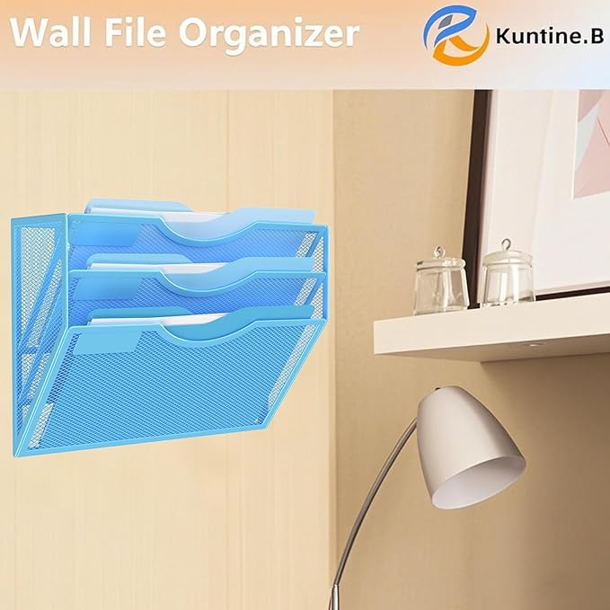Kuntine.B Wall File Organizer Office Hanging Magazine Holder Wall File Organizer for Office Home (Blue, 3 Tier)