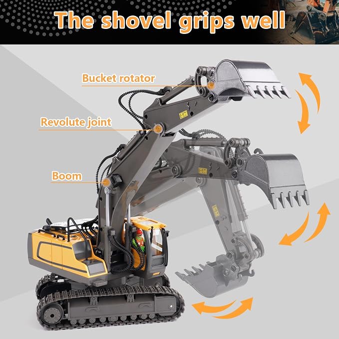 PREPOP Remote Control Excavator Toy for 6-12 yr Boys, Best Birthday Gifts for Kids 4-7 8 9 10 11 Year Old, RC Construction Toys with Metal Shovel, Lights, Sounds 2.4Ghz