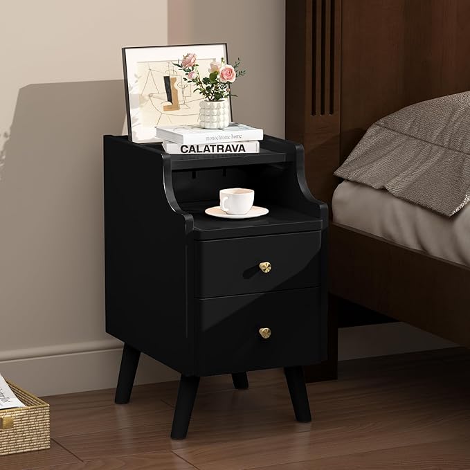 Narrow Nightstand, Solid Wood Night Stand with 2 Drawers, White Mid Century Modern Nightstand, Small Beside Table with Open Storage Shelf for Bedroom（12 inch