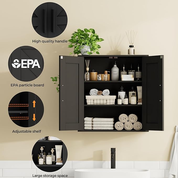 Bathroom Wall Cabinet, Over Toilet Storage Cabinet with Barn Doors and Adjustable Shelves, 3-Tier Medicine Cabinet Wall Mounted, for Bathroom, Kitchen, Entryway, Laundry Room, Black, (7.9" D)