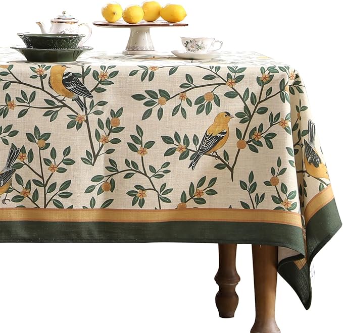 patdrea Designer French Table Cloth for Rectangle Table,Vintage Green Linen Birds and Leaves Pattern Tablecloths,Dacorative Cover Kitchen Dining,Christmas,Thanksgiving,Party,67"x118"-Warbler