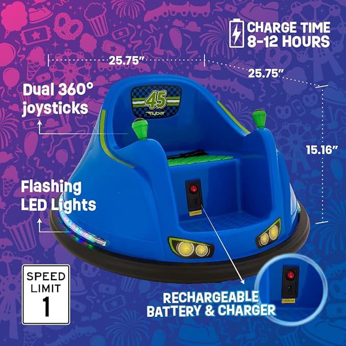 Flybar FunPark Electric Bumper Car 6V for Toddlers, Kids, Baby Ride On Toys, Ages 1.5-4 Years, LED Lights, 360 Degree Spin, Supports up to 66 pounds (No Remote)