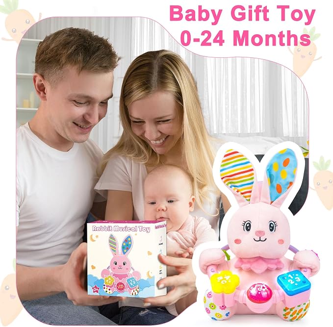 Baby Rabbit Musical Stuffed Animals Toy,Infant Bunny Bilingual Early Learning Education Toy with Light-Up Music & Crinkle,1st Easter Basket Shower Stuffers for 0 1 2 3 6 9 12 18 Month Girl,Pink