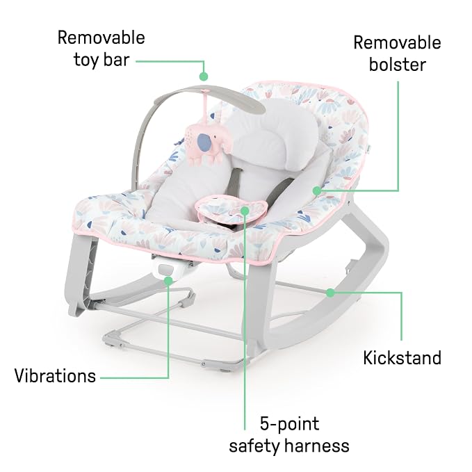 Ingenuity Keep Cozy 3-in-1 Grow with Me Vibrating Baby Bouncer Seat & Infant to Toddler Rocker, Vibrations & -Toy Bar, 0-30 Months Up to 40 lbs (Pink Burst)