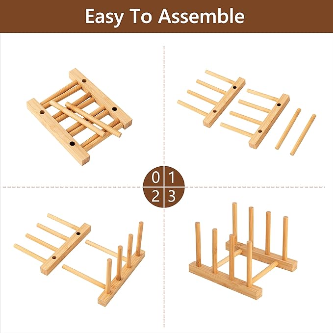 HBlife 2pcs Bamboo Dish Plate Bowl Cup Book Pot Lid Cutting Board Drying Rack Stand Drainer Storage Holder Organizer Kitchen Cabinet（Keep Dry）